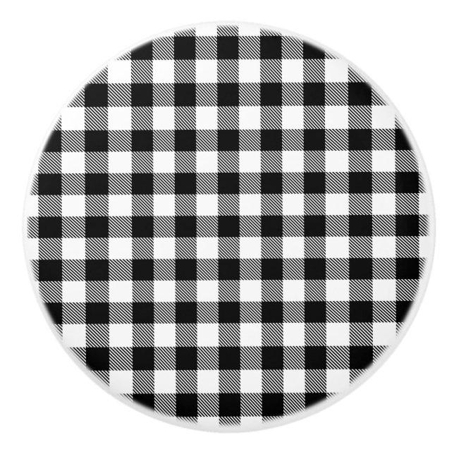 Modernes, kariertes Büffel in Schwarz-Weiß Keramikknauf (Vorderseite)