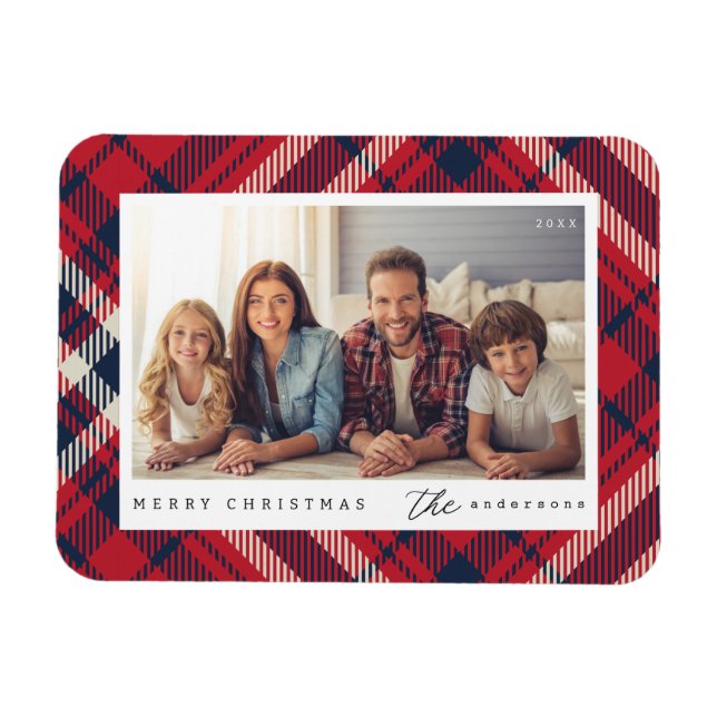 Modernes Kariertes Weihnachts-Custom-Foto Magnet (Horizontal)