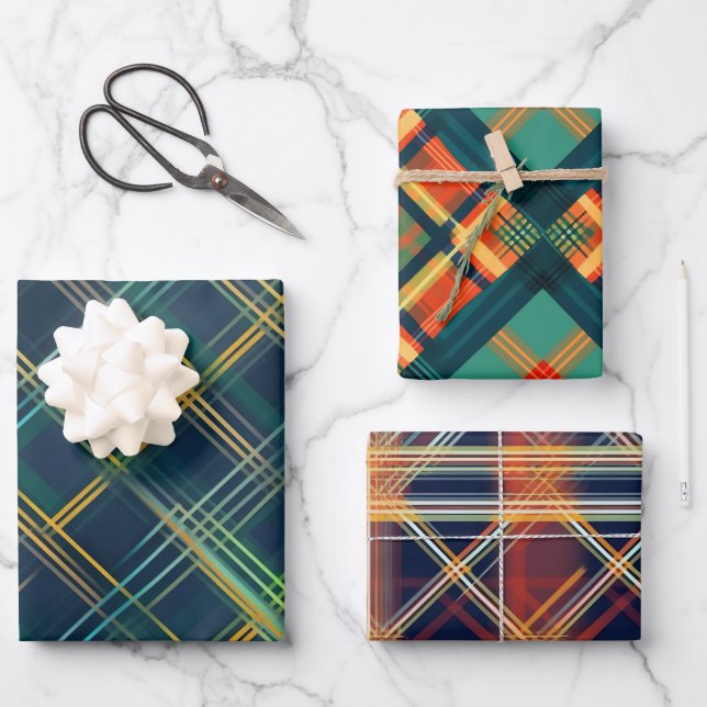 Modernes Kariertes Weihnachtsgeschenk Set 3 Gesche Geschenkpapier Set (Vorderseite)