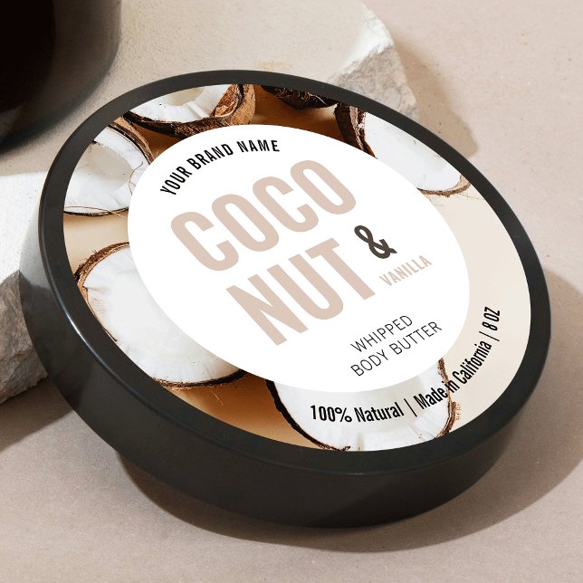 Modernes Karosserieblatt mit Foto Runder Aufkleber (Round product label with bold type in neutral beige with custom photo background)