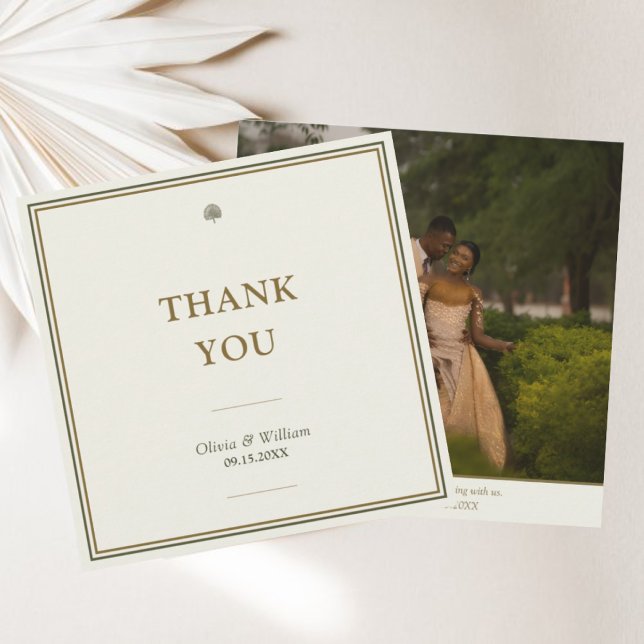 Modernes klassisches Foto für Hochzeiten in Elfenb Dankeskarte (Elegant ivory & gold square thank you card with photo back keepsake option.)