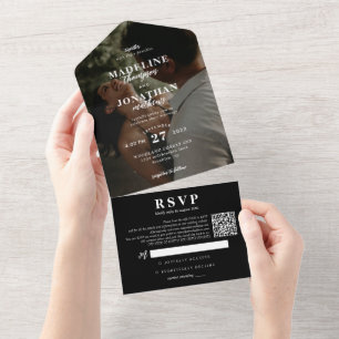 Modernes klassisches Foto Schwarz-weißer QR-Code H All In One Einladung