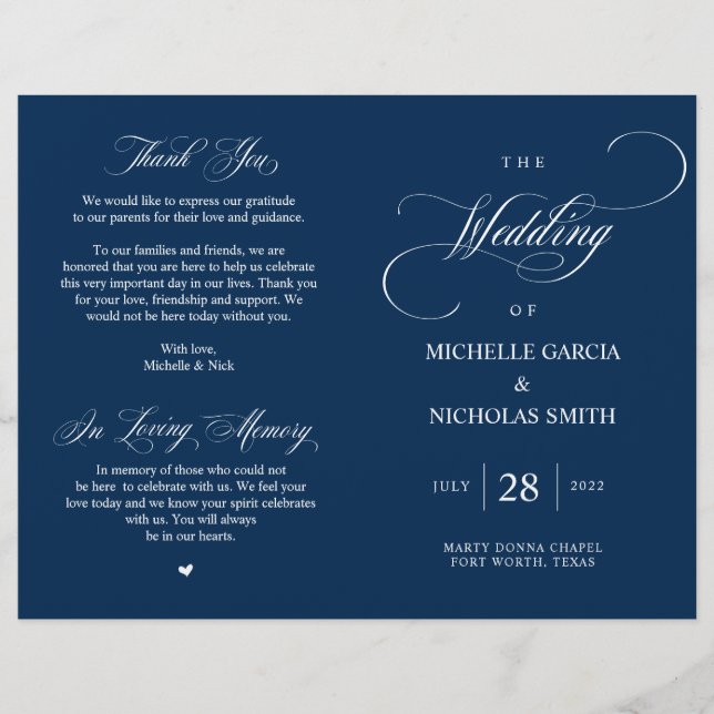 Modernes klassisches Hochzeitsprogramm für Navy, f (Vorderseite)