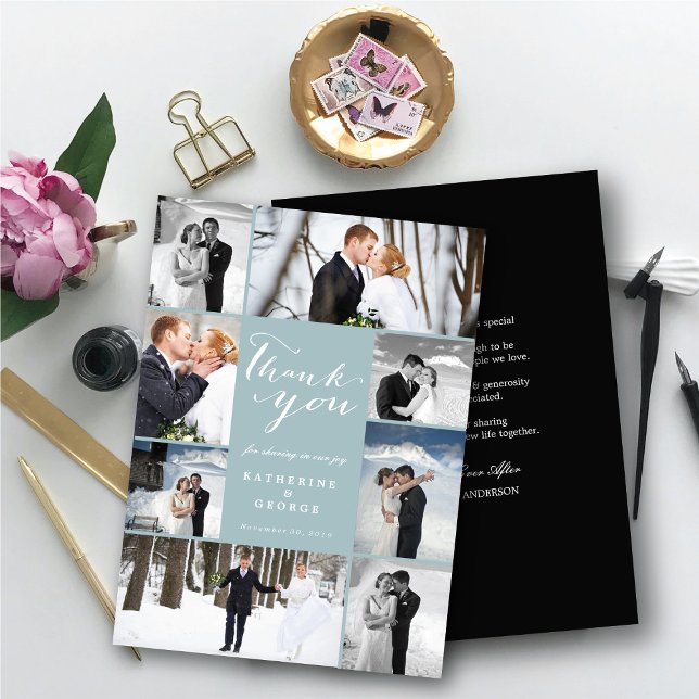 Modernes, klassisches Script 8 Multi-Foto Stilvoll Dankeskarte (Modern Classy Script 8 Multi Photo Collage Stylish Wedding Thank You Card @ fatfatin_blue_knot)