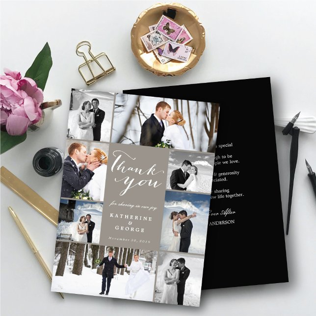 Modernes, klassisches Script 8 Multi-Foto Stilvoll Dankeskarte (Modern Classy Script 8 Multi Photo Collage Stylish Wedding Thank You Card @ fatfatin_blue_knot)
