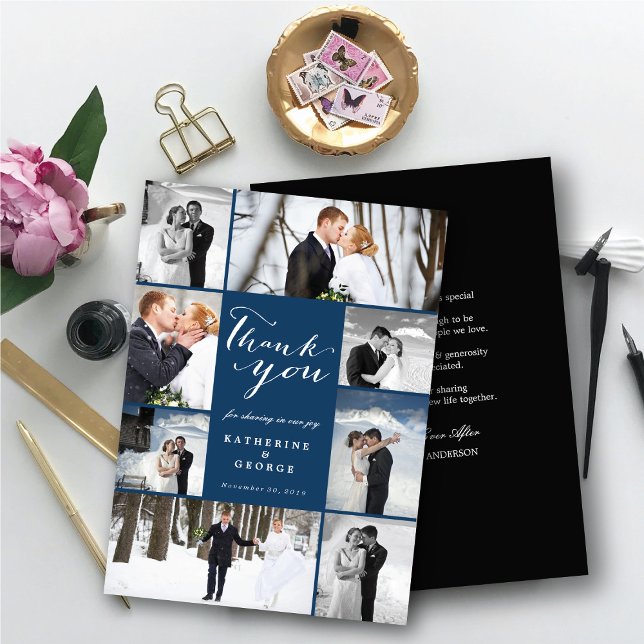 Modernes, klassisches Script 8 Multi-Foto Stilvoll Dankeskarte (Modern Classy Script 8 Multi Photo Collage Stylish Wedding Thank You Card @ fatfatin_blue_knot)