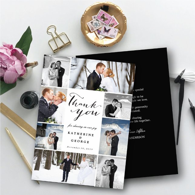 Modernes Klassisches Skript 8 Multi-Foto Stilvolle Dankeskarte (Modern Classy Script 8 Multi Photo Collage Stylish Wedding Thank You Card @ fatfatin_blue_knot)