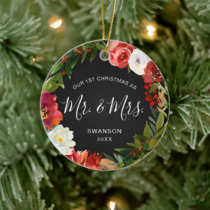 Modernes Kranz-Foto Neuvermählt Erste Weihnachten Keramik Ornament