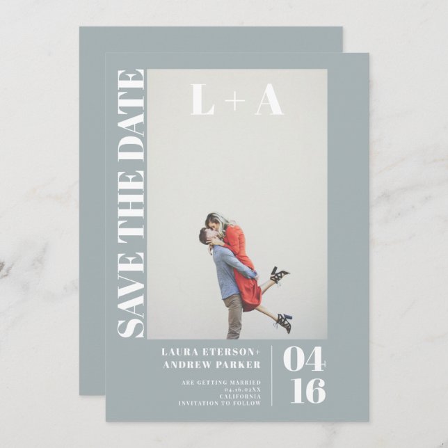 Modernes, kühn staubblaues erstes Foto Save the Da Save The Date (Vorne/Hinten)