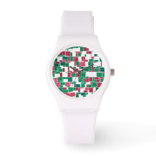 Modernes, kühne Rot und Grün Weihnachten Mondrian Armbanduhr