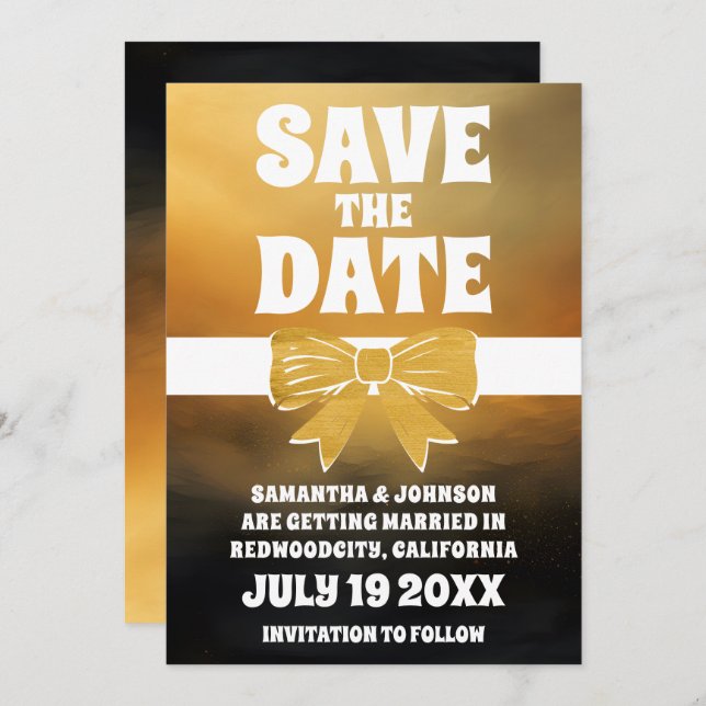 Modernes, kühnes Black Gold Bow Save the Date Einladung (Vorne/Hinten)