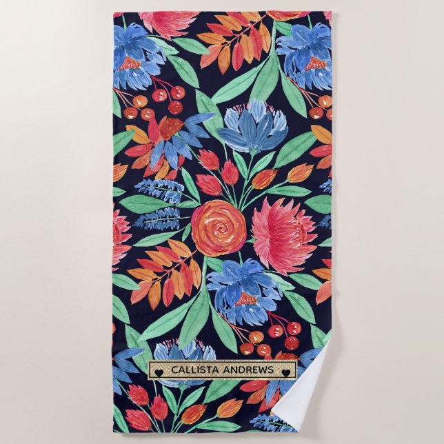 Modernes Künstlerisches Korallenblau-Floral-Aquare Strandtuch (Vorderseite)