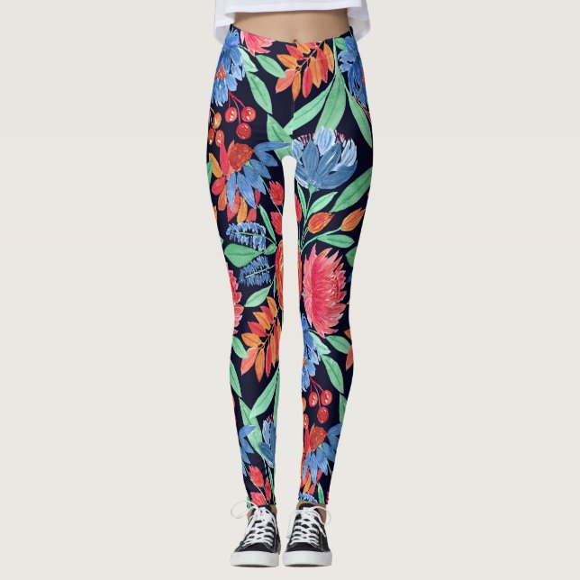 Modernes, Künstlerisches Korallenblau, florales Wa Leggings (Vorderseite)