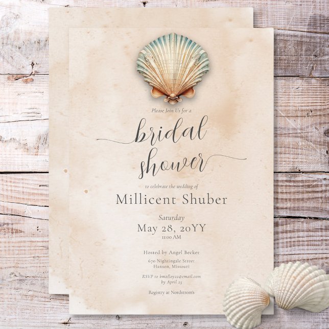 Modernes Küstenmeer - Seashell Sand Brautparty Einladung (Modern Coastal Seashell Sand Bridal Shower Invitation)