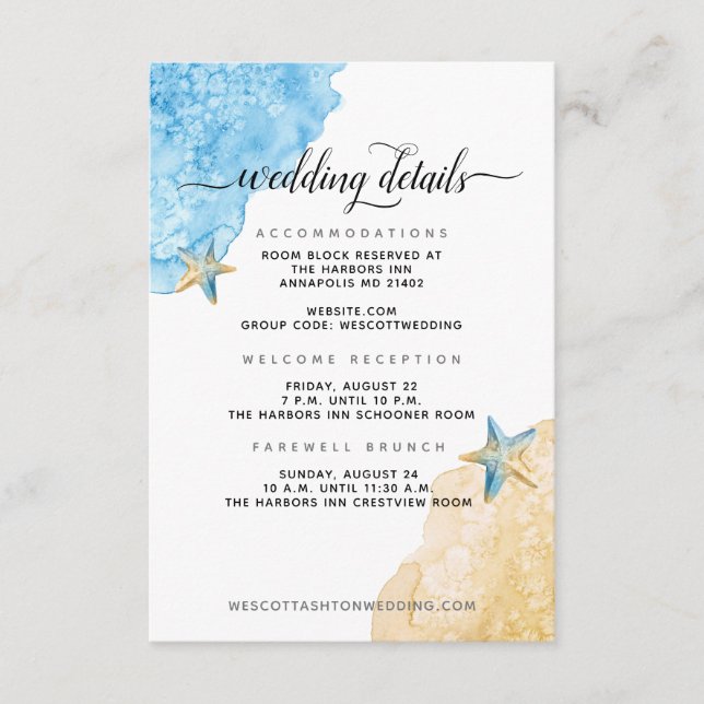 Modernes Küstenmeer und Sandstrand - Hochzeitsdeta Begleitkarte (Vorderseite)