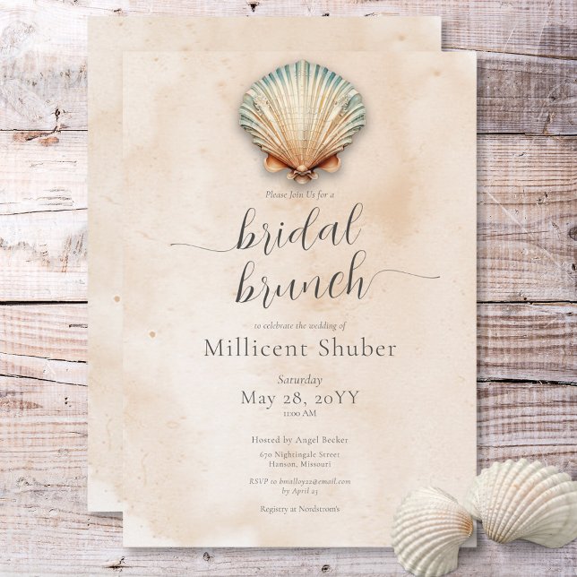 Modernes Küstenschiff Seashell Sand Bridal Brunch Einladung (Modern Coastal Seashell Sand Bridal Brunch Invitation)