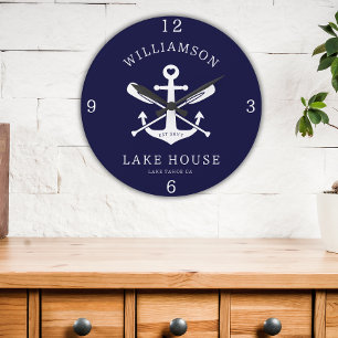 Modernes Lake House Familienname Nausea Blue Große Wanduhr