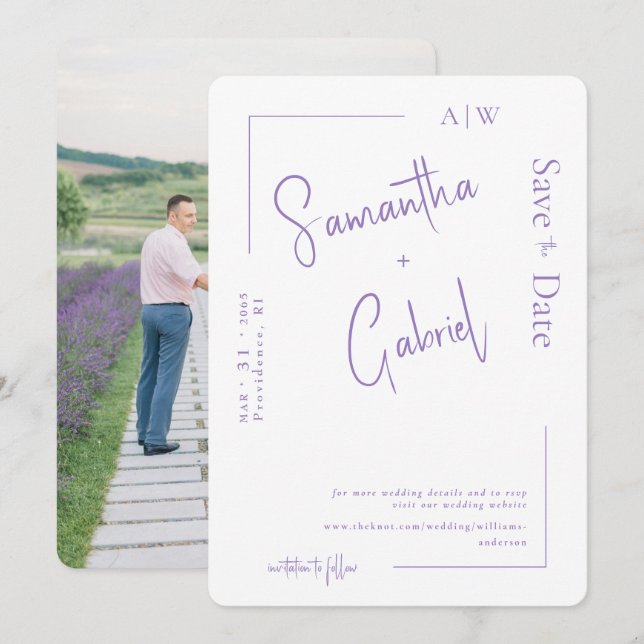 Modernes Lavendel-Foto Hochzeit retten Datum II Save The Date (Vorne/Hinten)