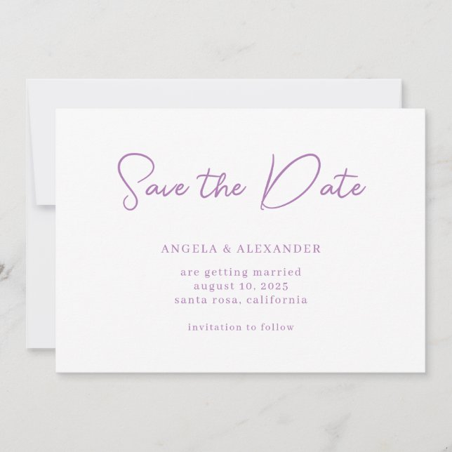 Modernes Lavendel-Hochzeitsskript Save The Date (Vorderseite)