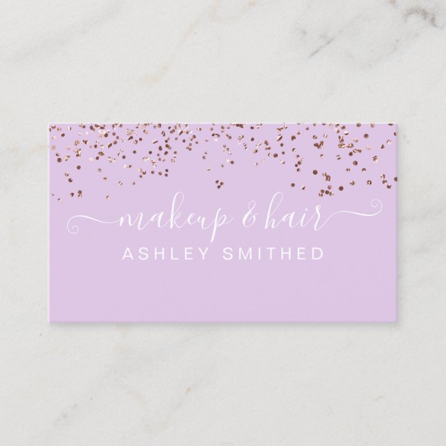 Modernes Lavendel-Rosengoldconfetti-Make-uphaar Visitenkarte (Vorderseite)