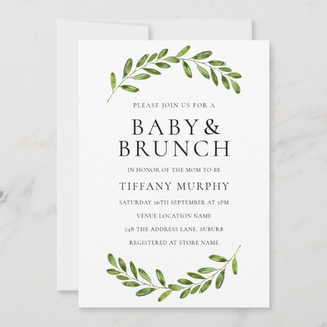 Modernes Leaf Wreath Baby Brunch Einladung (Vorderseite)