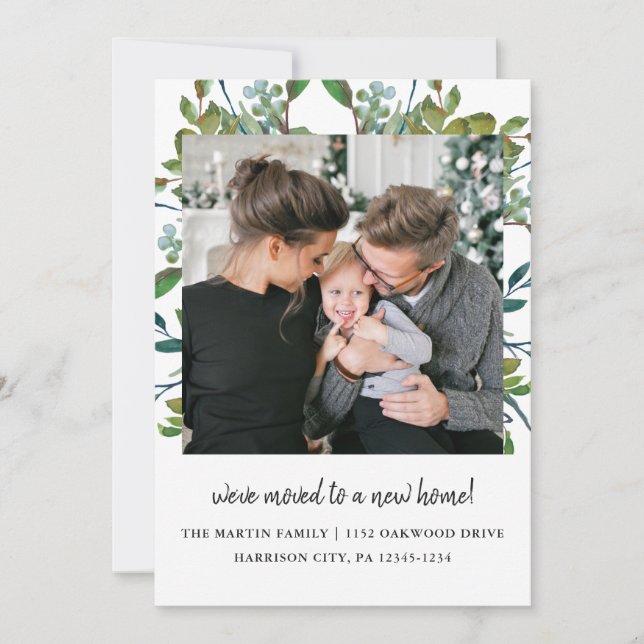 Modernes leafy Botanisches Adressenwechsel-Foto Ankündigung (Vorderseite)