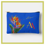 Modernes, lebendiges Floral Name Custom Monogram Zubehörtasche<br><div class="desc">Modern und lebendig und farbenfroh - diese Aquarellfarbe ist einzigartig mit warmen goldenen Farbtönen, die mit Blau und Orange/Rot hervorgehoben wurden - Name und einzigartiges Monogramm. Der Bird of Paradise ist für die Krawatte der Farben und des Designs da, wenn Sie eine Designhilfe oder eine besondere Anfrage benötigen, schicken Sie...</div>