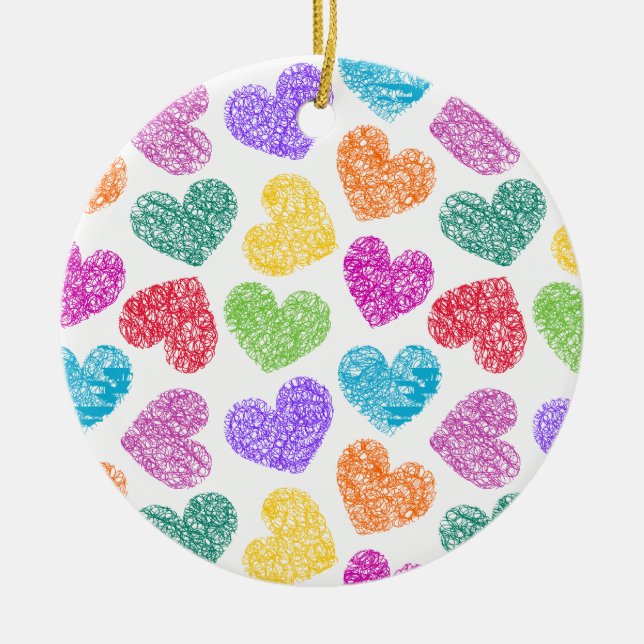 Modernes, lebendiges Regenbogen Doodle Herz Niedli Keramik Ornament (Vorne)