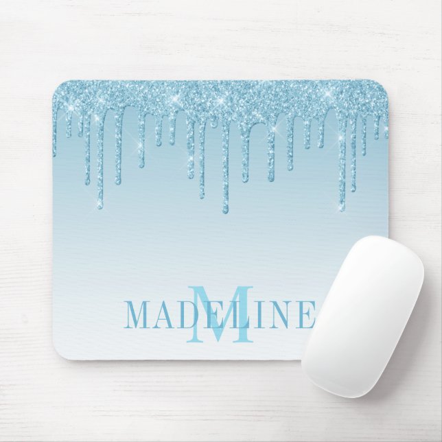 Modernes, leicht blauer Glitzer Monogram Mousepad (Mit Mouse)