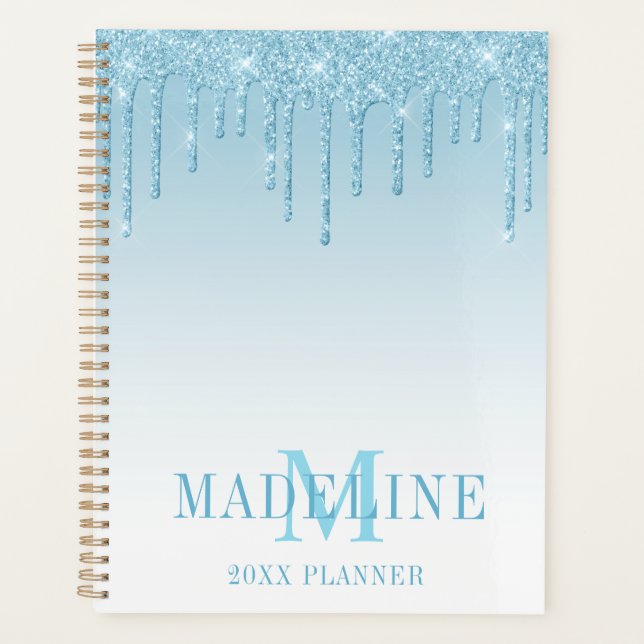 Modernes, leicht blauer Glitzer Monogram Planer (Vorderseite)