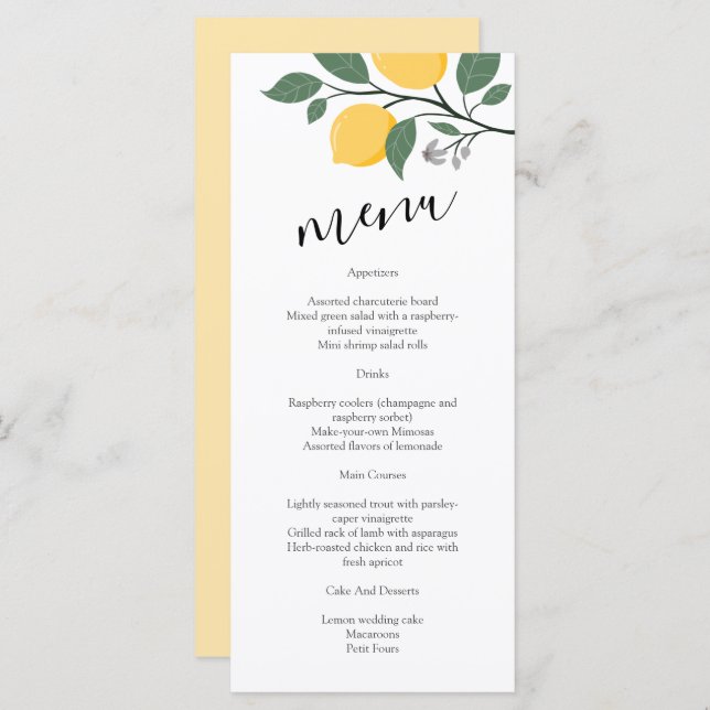 Modernes Lemon Foliage Calligraphy Wedding Menu (Vorne/Hinten)