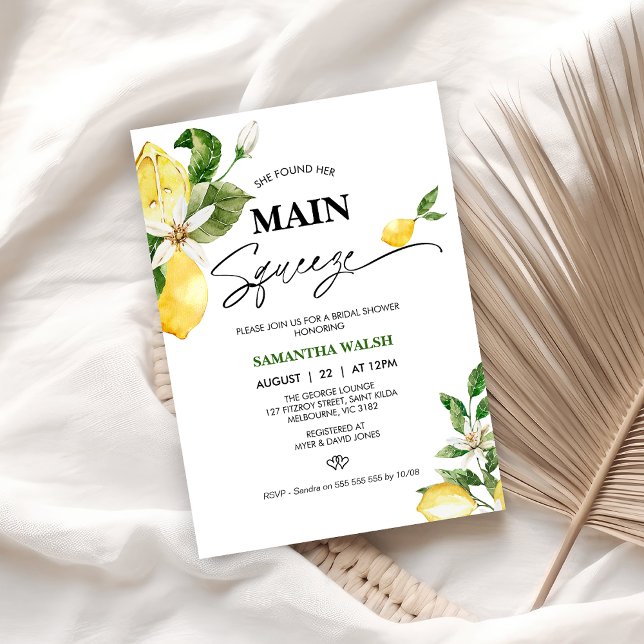 Modernes Lemon Main Squeeze Brautparty Einladung (She Found Her Main Squeeze Bridal Shower Invitation, Lemon Bridal Shower Invitation, Citrus Yellow)