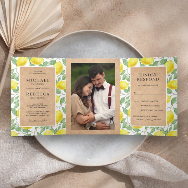 Modernes Lemon Orchard Greenery Kraft Wedding Foto Dreifach Gefaltete Einladung (Von Creator hochgeladen)