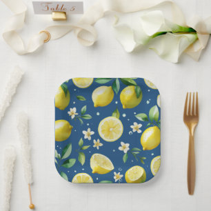 Modernes lemonblaues Blumenskript-Brautparty Pappteller