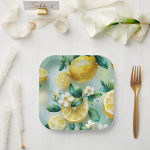 Modernes lemongelbes Blumenskript-Brautparty Pappteller