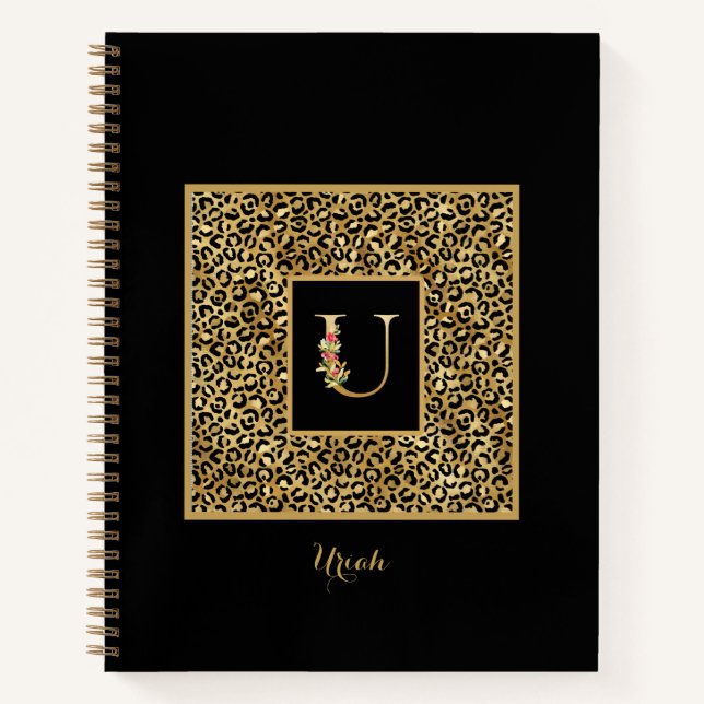 Modernes Leopard Gold Personal Monogram Letter U Notizbuch (Vorderseite)