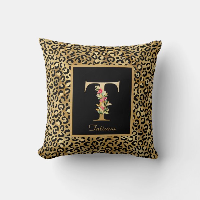 Modernes Leopard Personalisiert Monogram T Kissen (Vorderseite)