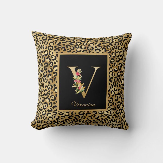 Modernes Leopard-Personalisiertes Monogramm V Kissen (Vorderseite)
