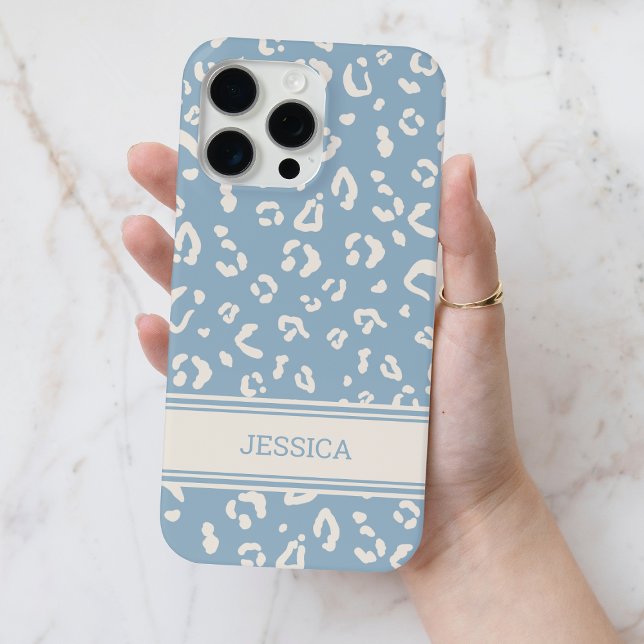 Modernes Leopardenmuster mit Personalisiertem Name Case-Mate iPhone Hülle (Modern Blue Leopard Pattern with Personalized Name Case-Mate iPhone Case)
