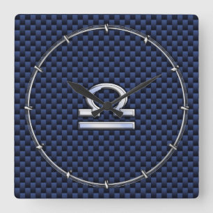 Modernes Libra-Zeichen auf Navy Blue Carbon Fiber Quadratische Wanduhr