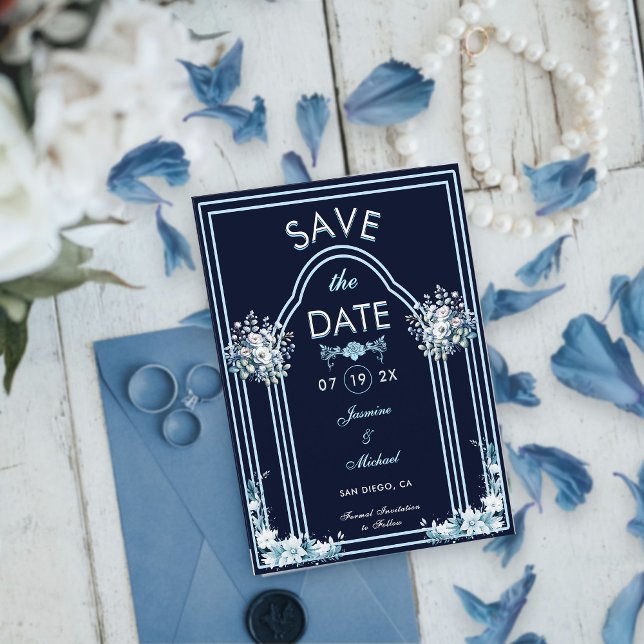 Modernes Light Blue Arch Florals Navy Boho Wedding Save The Date (Von Creator hochgeladen)