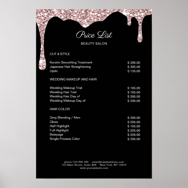 Modernes Lightpink Black Glitzer Preislisten Poster (Vorne)