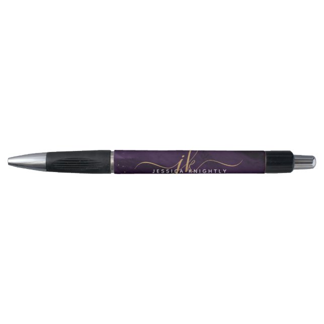 Modernes Lila Agate Gold Glitzer Script Monogram Kugelschreiber (Vorderseite)