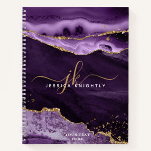 Modernes Lila Agate Gold Glitzer Script Monogram Notizbuch