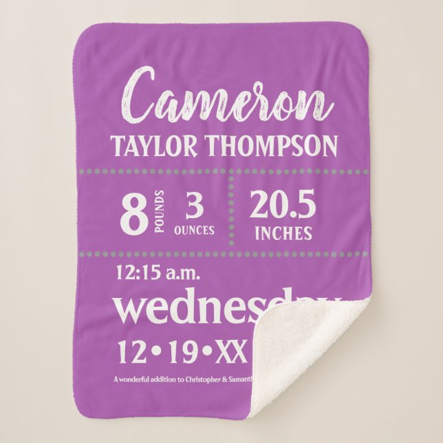 Modernes Lila Baby-Geburtsstat Kinderzimmer Sherpadecke (Vorderseite)