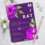 Modernes Lila Bat Mitzvah Pink Flora Wasserfarbe Einladung<br><div class="desc">Seien Sie stolz, freuen Sie sich und präsentieren Sie diesen Meilenstein Ihres Lieblings-Bat Mitzvah mit dieser raffinierten, personalisierten Einladung! Eine schicke, atemberaubende, lila, rosa, florale Aquarellfarbe mit modernem san serif-Typ überlagert einen lila Pflaumenhintergrund. Personalisieren Sie den benutzerdefinierten Text mit dem Namen, Datum und Veranstaltungsort Ihres Bat Mitzvah. Garantiert, um ihrem...</div>