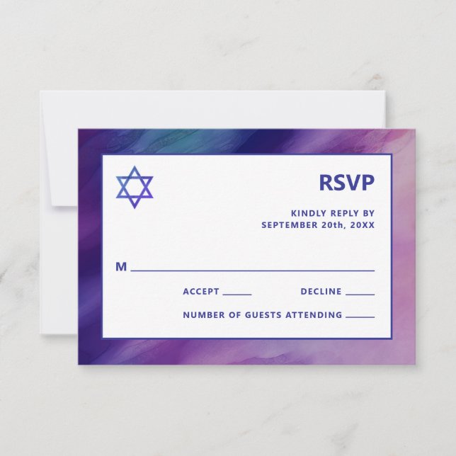 Modernes Lila Blue Star David Bar Mitzvah Hebrew RSVP Karte (Vorderseite)