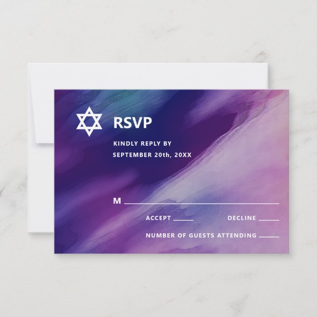 Modernes Lila Blue Star David Bar Mitzvah Hebrew RSVP Karte (Vorderseite)