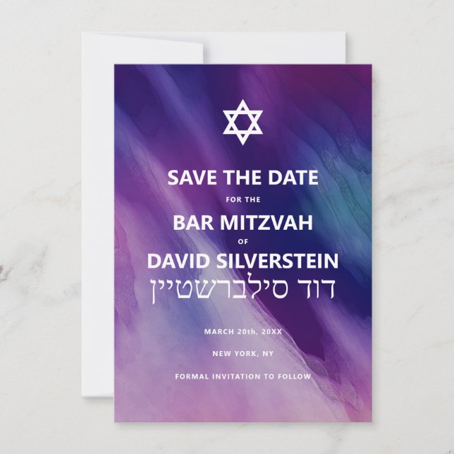 Modernes Lila Blue Star David Bar Mitzvah Hebrew Save The Date (Vorderseite)