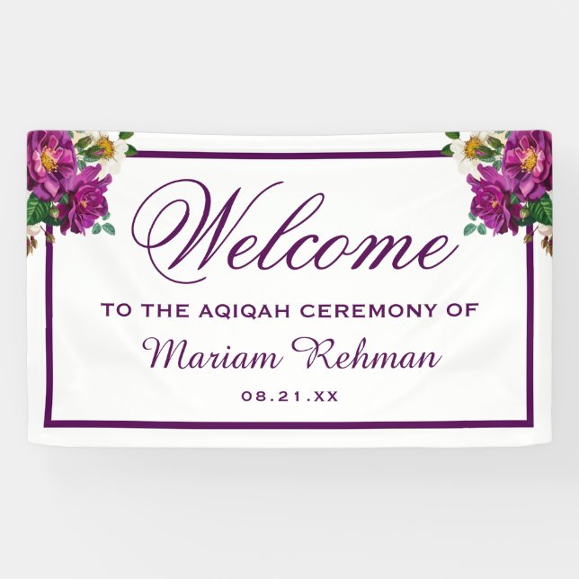 Modernes lila Blumenbaby-Mädchen Aqiqah Banner (Horizontal)